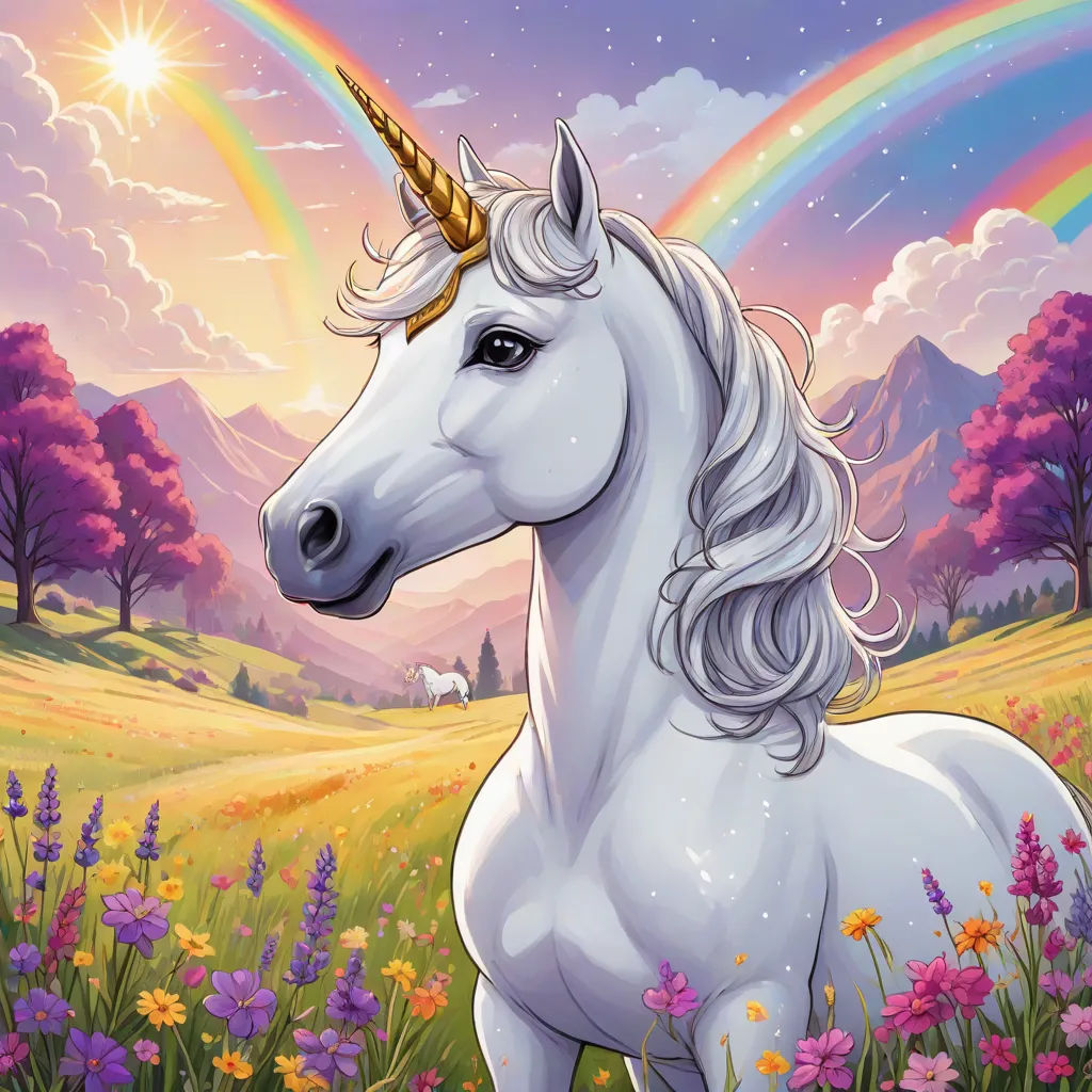 a unicorn with a rainbow in the background and a rainbow in the sky above it, with a field of flowers and trees, Anne Stokes, fantasy art, a character portrait, official art