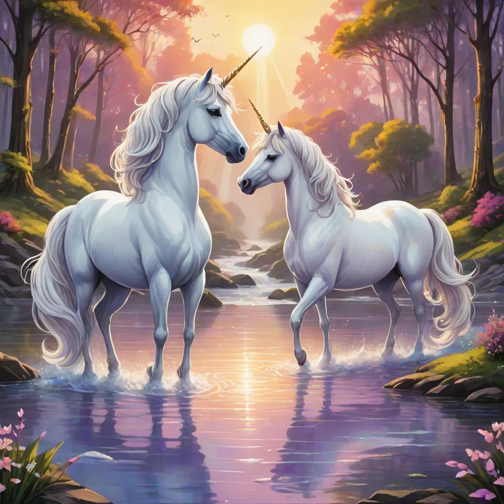 two white unicorns standing in a river with a sunset in the background and trees and rocks in the foreground, Anne Stokes, magical realism, a storybook illustration, rossdraws global illumination