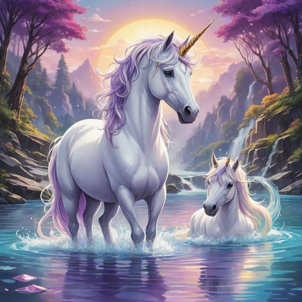 two unicorns are in the water near a waterfall and a forest with trees and a sun in the background, Anne Stokes, fantasy art, an album cover, magic the gathering artwork