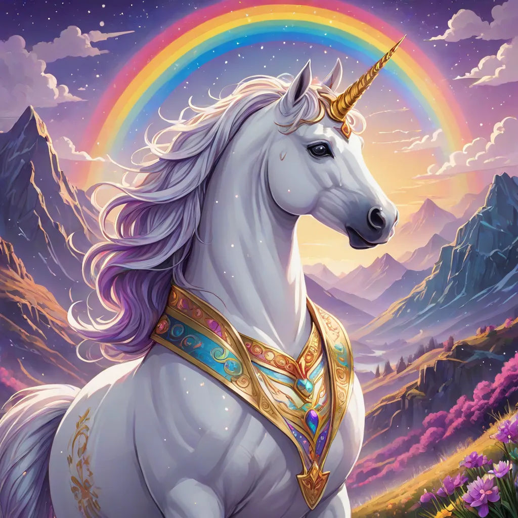 a unicorn with a golden crown and a rainbow in the background with mountains and flowers in the foreground, Anne Stokes, fantasy art, an ultrafine detailed painting, magic the gathering artwork