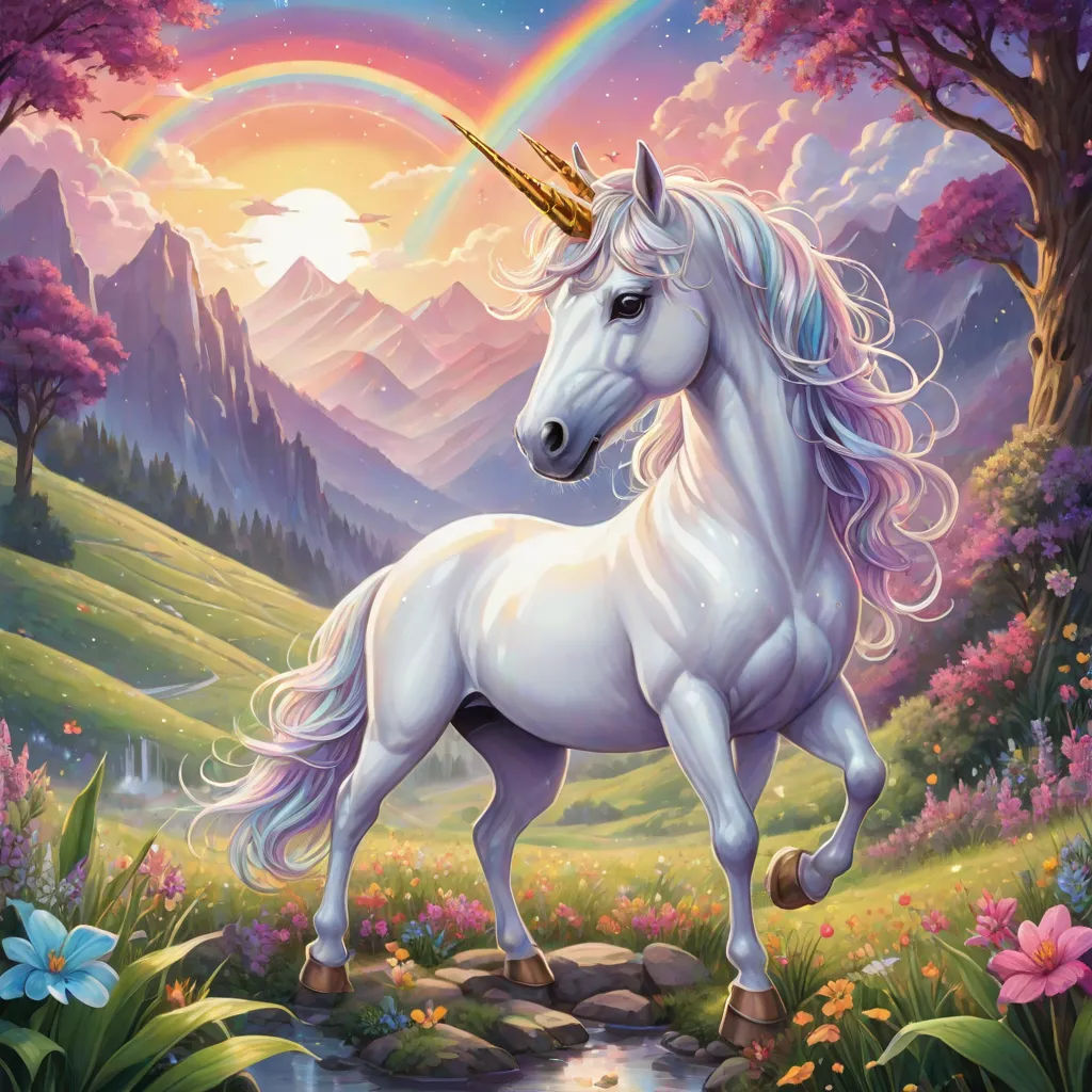 a unicorn with a rainbow on its head standing in a field of flowers and trees with a rainbow in the background, Anne Stokes, magical realism, a character portrait, magic the gathering artwork