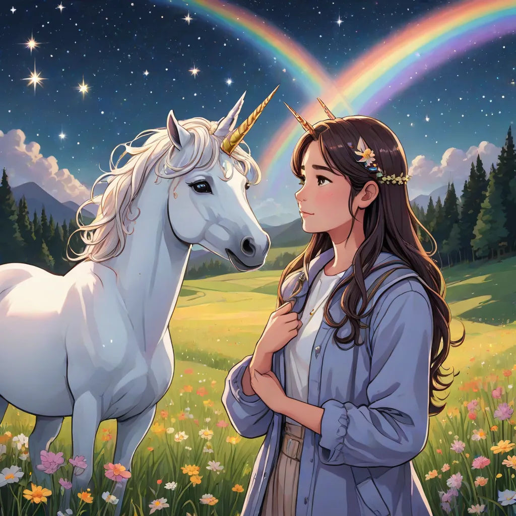 a girl standing in a field with a unicorn and a rainbow in the background, with a rainbow in the sky, Anne Stokes, fantasy art, a storybook illustration, rossdraws global illumination