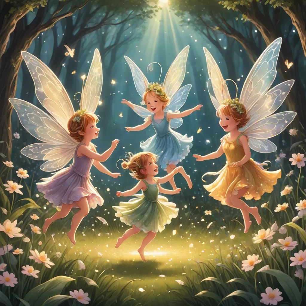 three little girls dressed as fairy dusts in a forest with flowers and butterflies around them, and a fairy with wings, fantasy art, a storybook illustration, Anne Stokes, storybook illustration