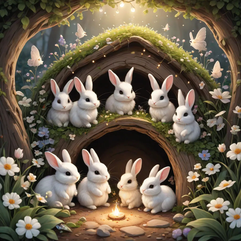 a group of rabbits sitting in front of a lit candle in a forest with flowers and butterflies around them, fantasy art, a storybook illustration, Beatrix Potter, rossdraws global illumination