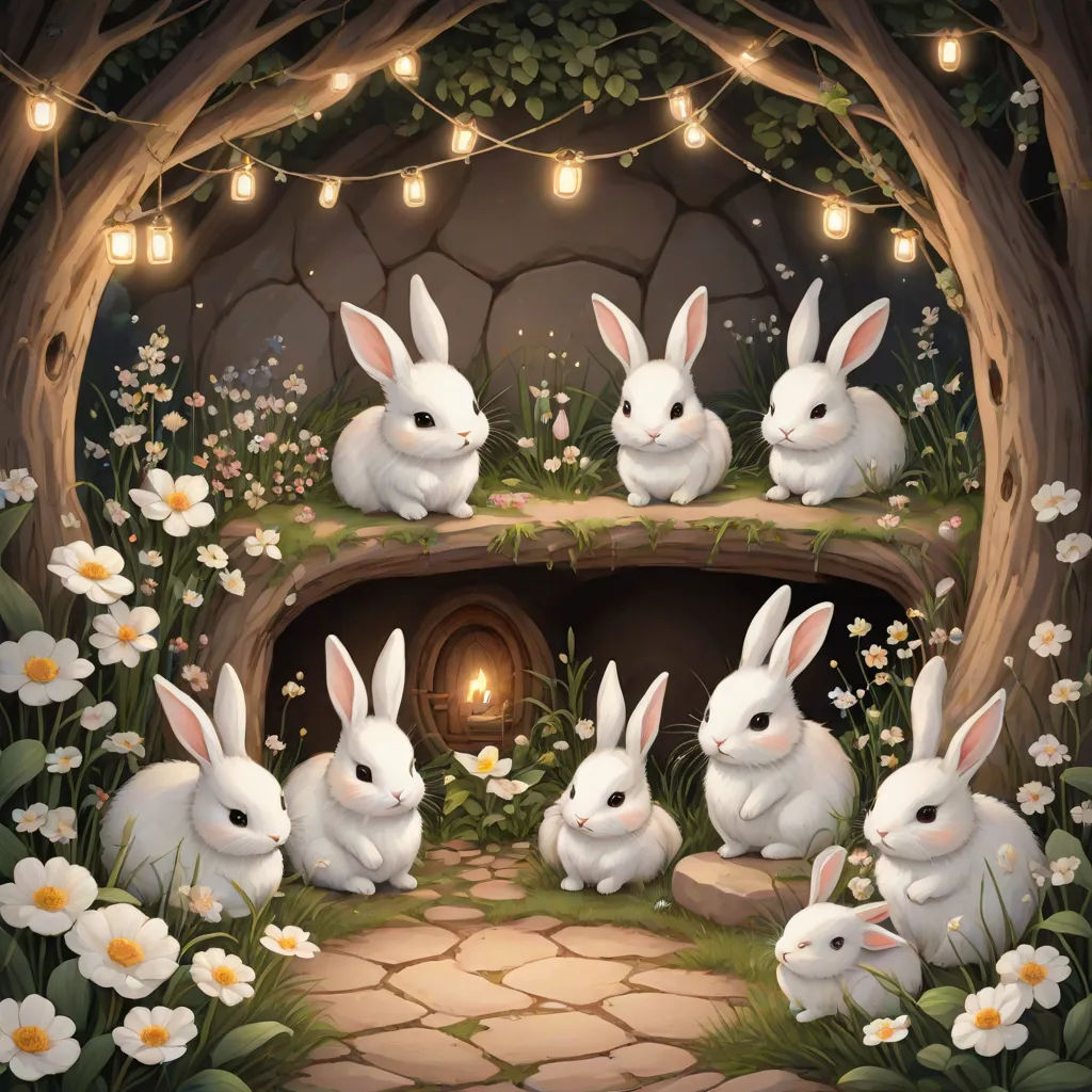 a painting of rabbits in a garden with lights and flowers around them, and a cave with a door, fantasy art, a storybook illustration, Beatrix Potter, rossdraws global illumination