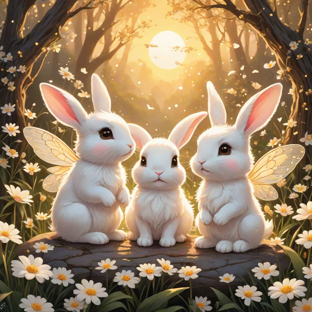 two white rabbits sitting on a rock in a forest with daisies and a full moon in the background, fantasy art, a storybook illustration, Anne Stokes, rossdraws global illumination