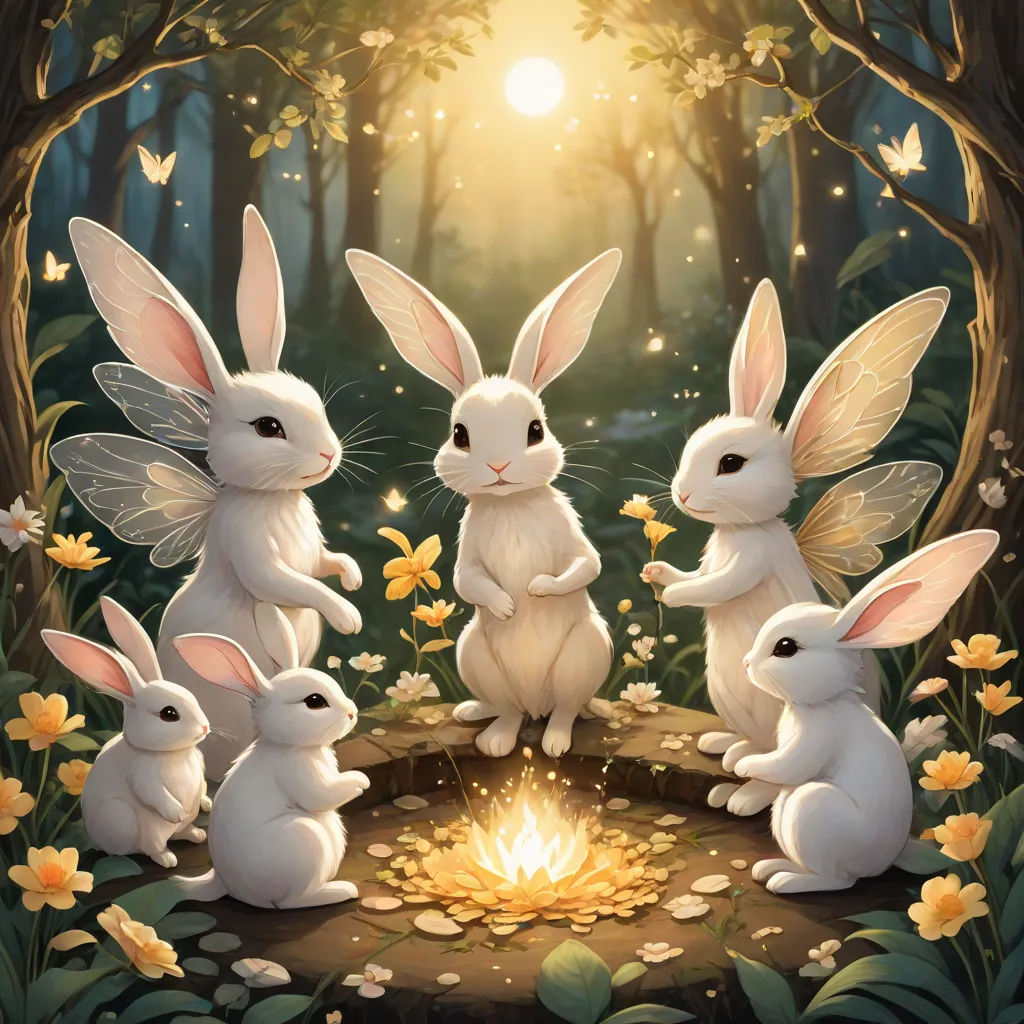 a painting of four rabbits sitting around a fire in a forest with butterflies and flowers around them, with a bright light shining on the ground, fantasy art, a storybook illustration, Anne Stokes, rossdraws global illumination
