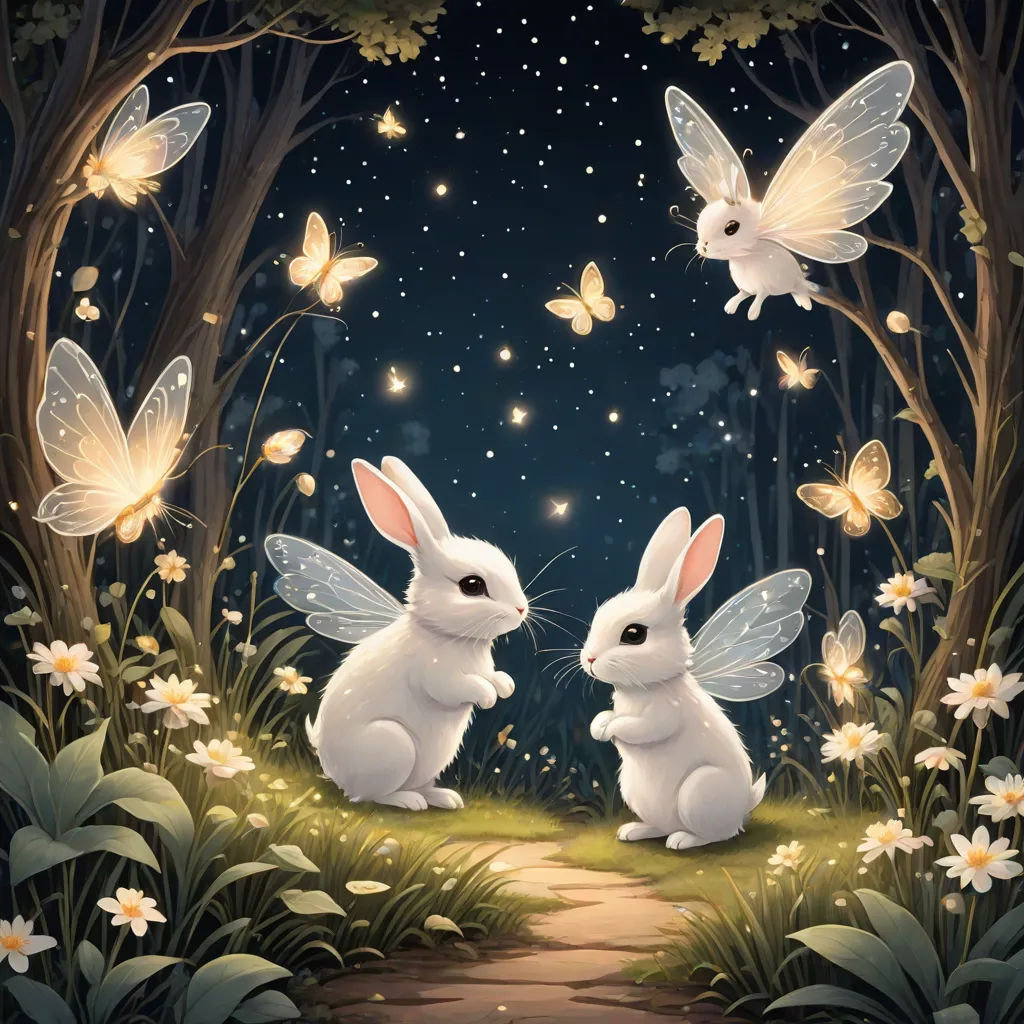 a painting of two rabbits in a forest with butterflies flying above them and a path leading to a forest with flowers and butterflies, fantasy art, a storybook illustration, Anne Stokes, fantasy artwork
