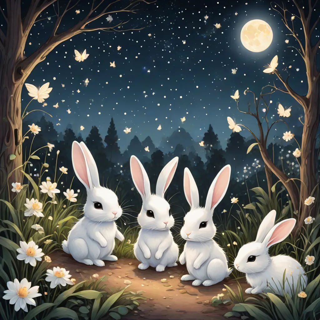 three rabbits sitting in the grass under a tree at night with a full moon in the background and butterflies flying overhead, pop surrealism, a storybook illustration, Anne Stokes, rossdraws global illumination