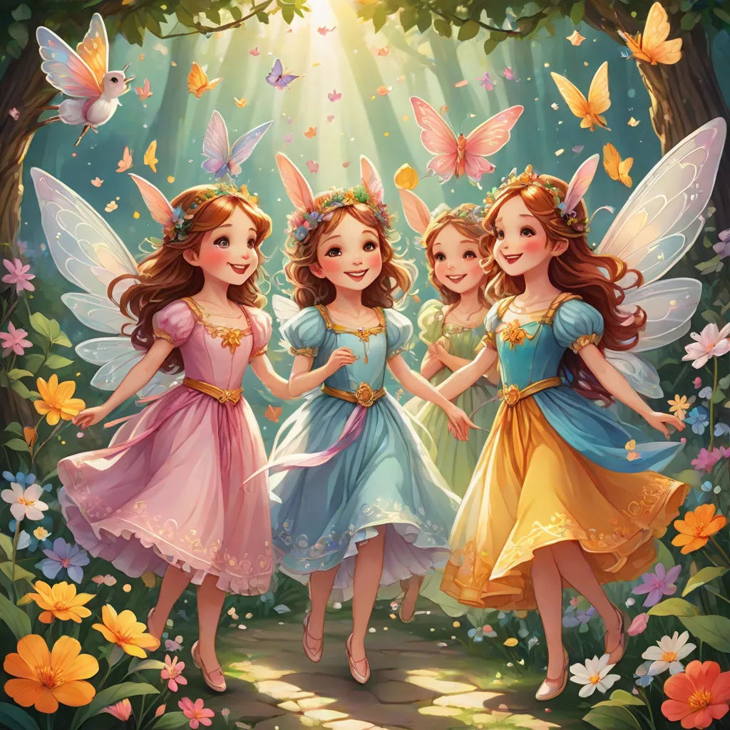 three little girls dressed in fairy costumes standing in a forest with butterflies on their wings and a sunbeam, fantasy art, a storybook illustration, Anne Stokes, kinkade