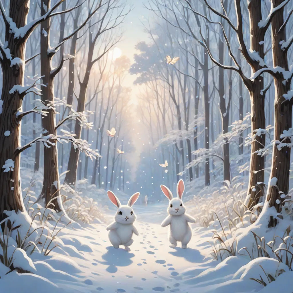 two rabbits are walking through a snowy forest with trees and snow on the ground, and a sun shining through the trees, fantasy art, a storybook illustration, David Martin, rossdraws global illumination