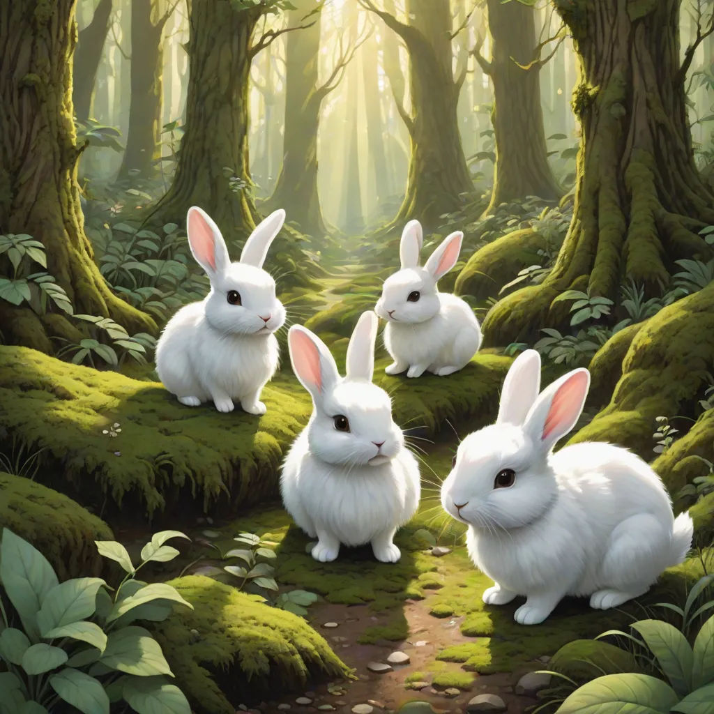 three white rabbits sitting in the middle of a forest with mossy ground and trees in the background, with sunlight shining through the trees, fantasy art, a fine art painting, Chris LaBrooy, magic the gathering artwork