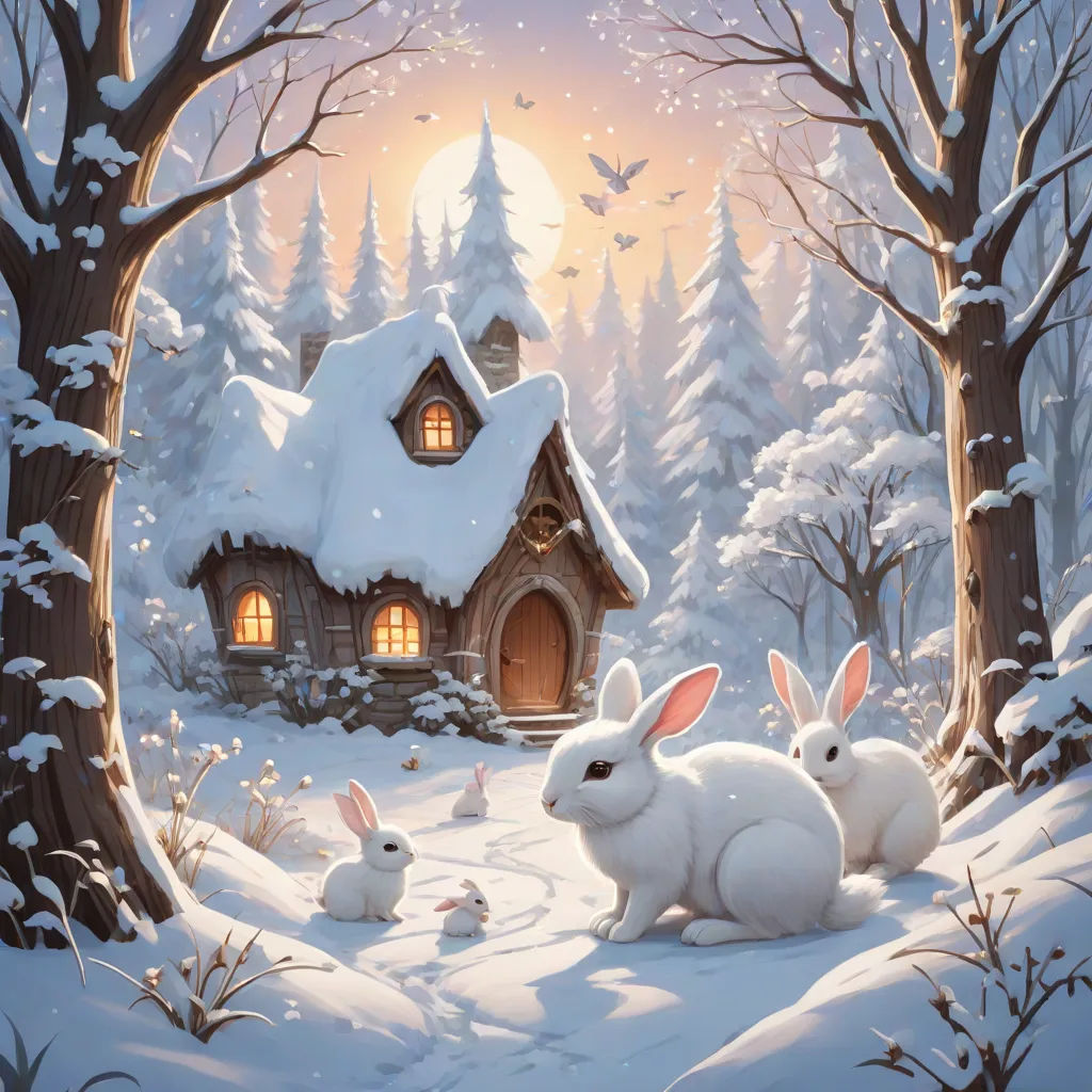 a painting of three rabbits in front of a house in the snow with a bird flying by it and a bird in the foreground, fantasy art, a storybook illustration, Chris LaBrooy, rossdraws global illumination