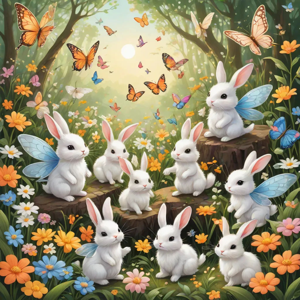 a painting of a group of rabbits in a forest with butterflies and flowers around them, with a butterfly in the sky, fantasy art, a detailed painting, Anne Stokes, rossdraws global illumination