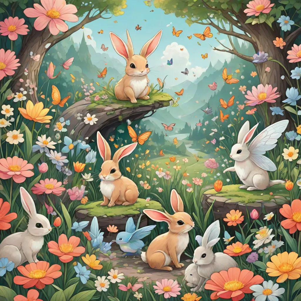 a painting of rabbits in a forest with flowers and butterflies around them, with a butterfly and a butterfly on the ground, fantasy art, a detailed painting, Chris LaBrooy, rossdraws global illumination