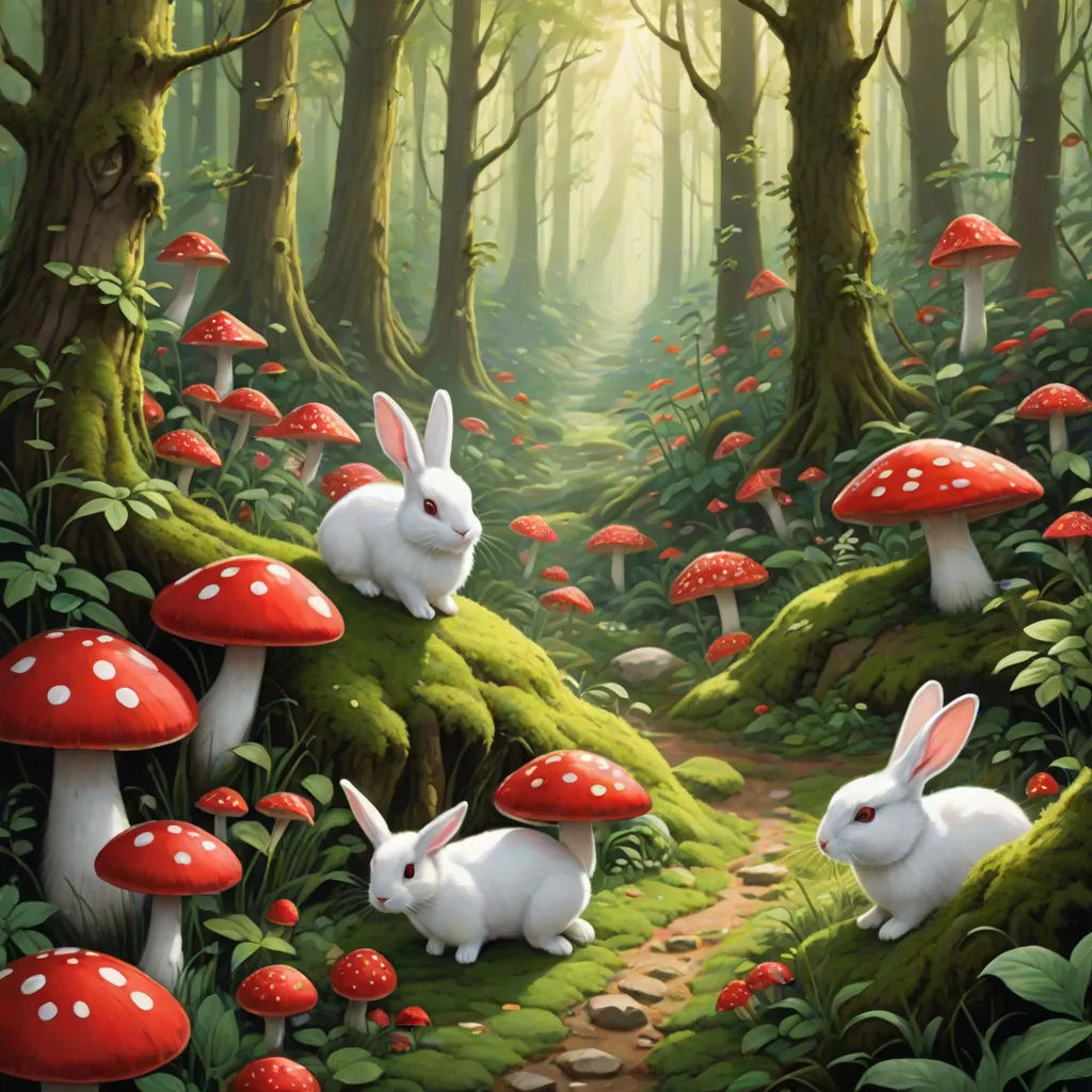 a painting of two rabbits in a forest with mushrooms and mushrooms on the ground, with a path leading to them, fantasy art, a storybook illustration, Anne Stokes, fantasy artwork