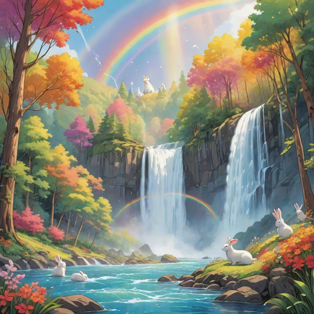 a waterfall with a rainbow in the background and rabbits in the foreground, and a rainbow in the background, fantasy art, a detailed matte painting, Chris LaBrooy, kinkade