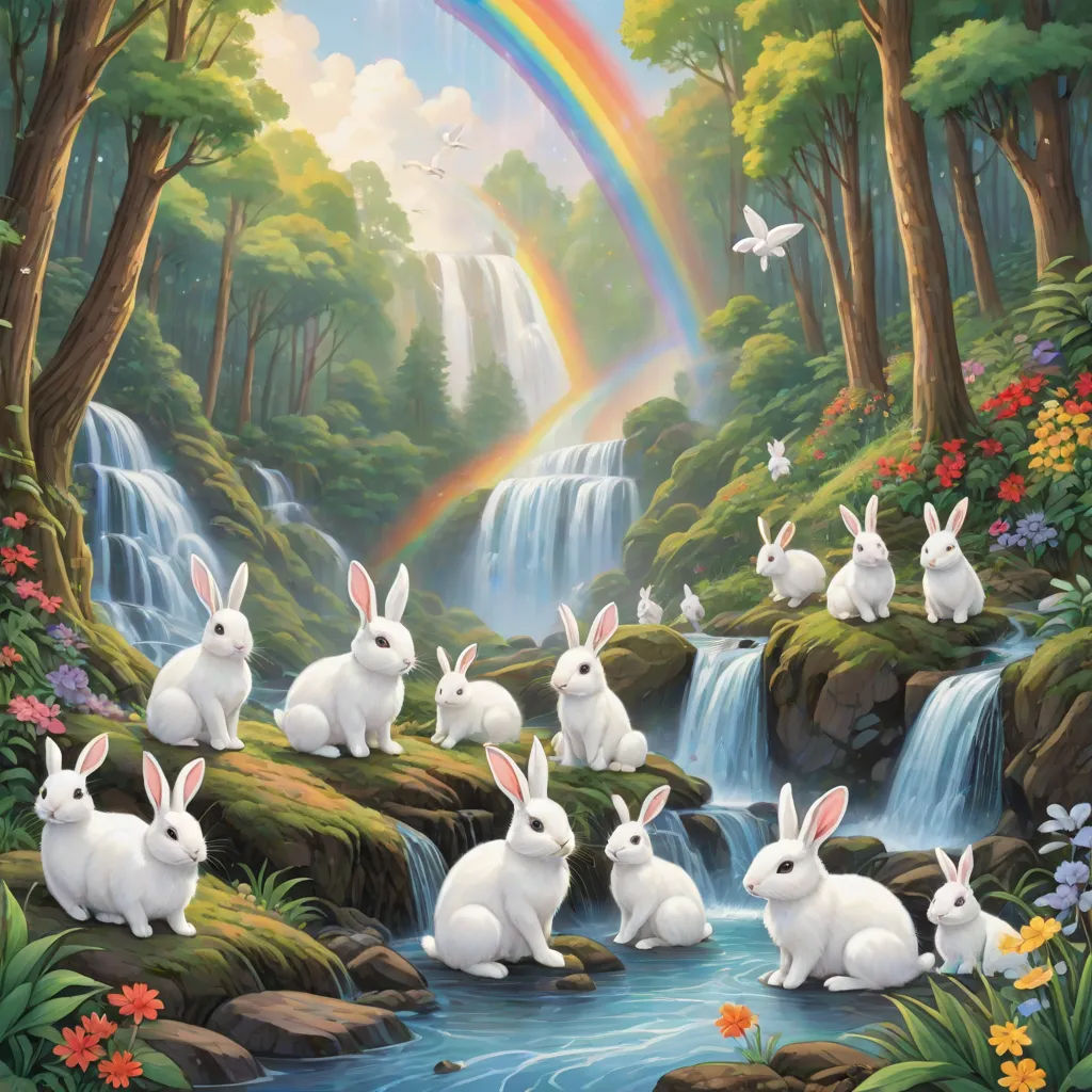 a painting of a waterfall with many white rabbits in it and a rainbow in the background with a waterfall, magic realism, a fine art painting, Anne Stokes, furaffinity