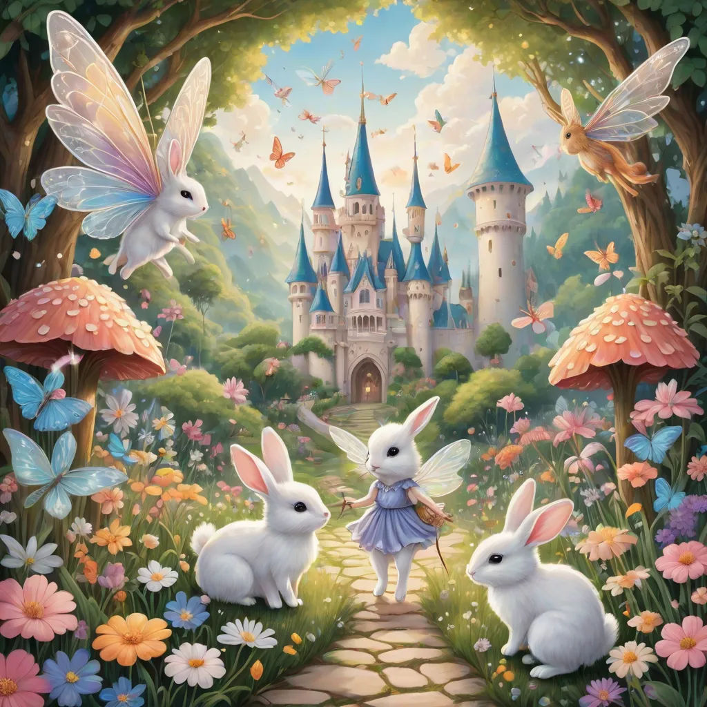 a painting of a fairy castle with two rabbits and a fairy girl in front of it with a castle in the background, fantasy art, a storybook illustration, Anne Stokes, kinkade