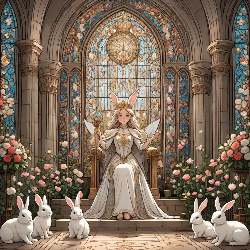 a woman sitting on a throne surrounded by rabbits in front of a stained glass window with roses and roses, fantasy art, a storybook illustration, Alice Prin, rossdraws global illumination