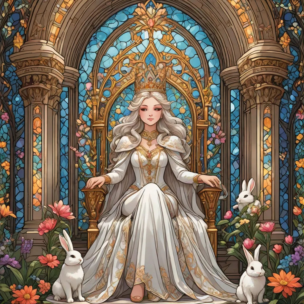 a woman in a white dress sitting on a throne with two rabbits in front of her and a stained glass window behind her, fantasy art, a storybook illustration, Alice Prin, rossdraws global illumination