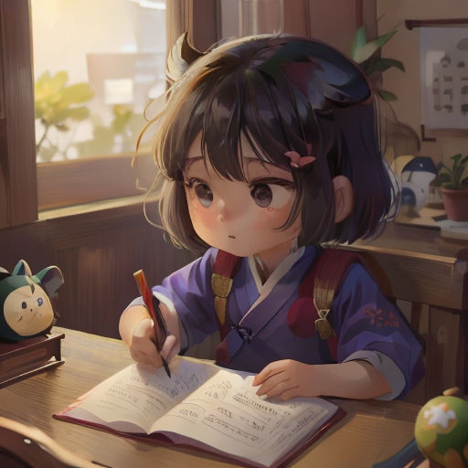 a girl sitting at a desk writing on a book with a pen in her hand and a small animal on the table