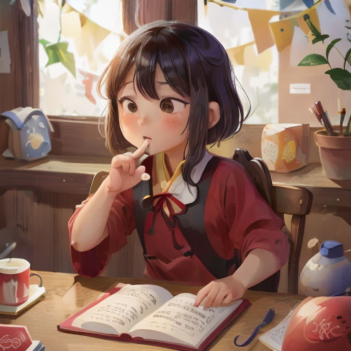 a girl sitting at a table with an open book and a pen in her mouth and a book in her hand