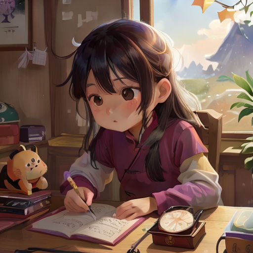 a girl sitting at a desk writing on a book with a teddy bear nearby and a window with a mountain view