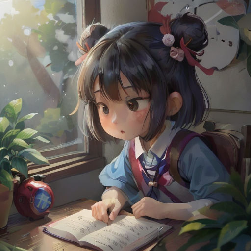 a girl sitting at a table with a book in her hand and a plant in the background, and a clock on the wall