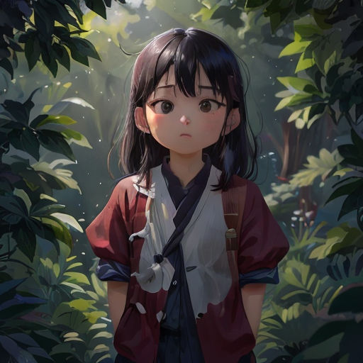 a young girl standing in a forest with a backpack on her shoulder and a backpack on her shoulder, looking at the camera