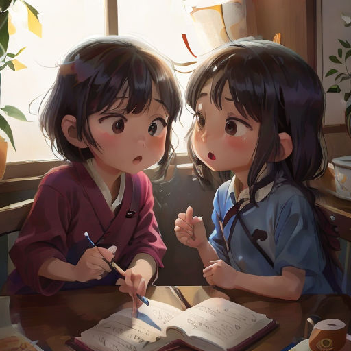 two young girls sitting at a table writing on paper and a book with a pen in their hands and a potted plant in the background