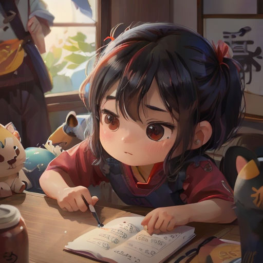 a girl is writing in a book while other cats are around her and a cat is looking on from the table