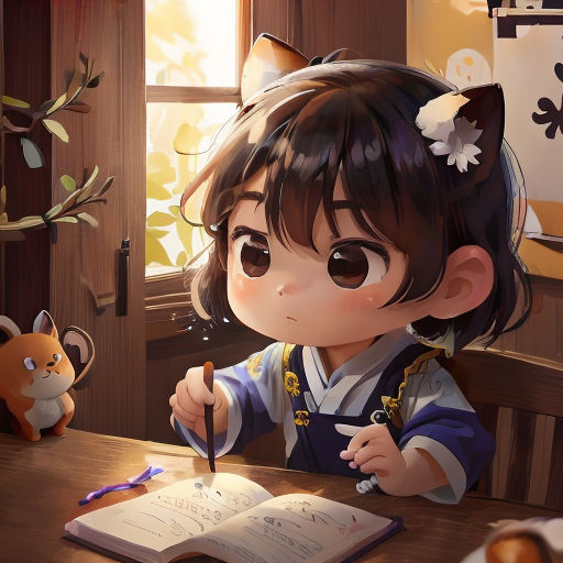 a little girl sitting at a table writing on a book with a cat nearby and a cat on the table