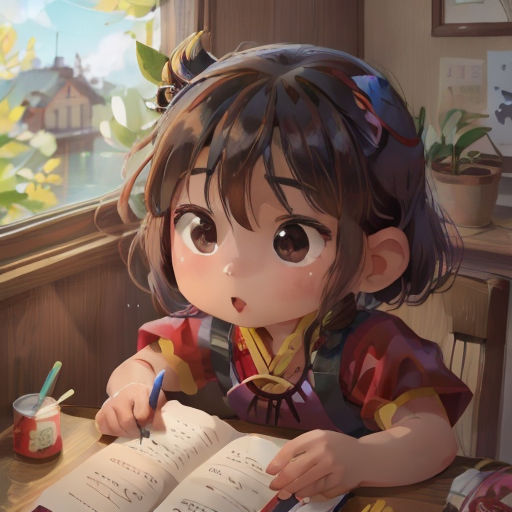 a little girl sitting at a table with a book and pen in her hand and a cup of coffee