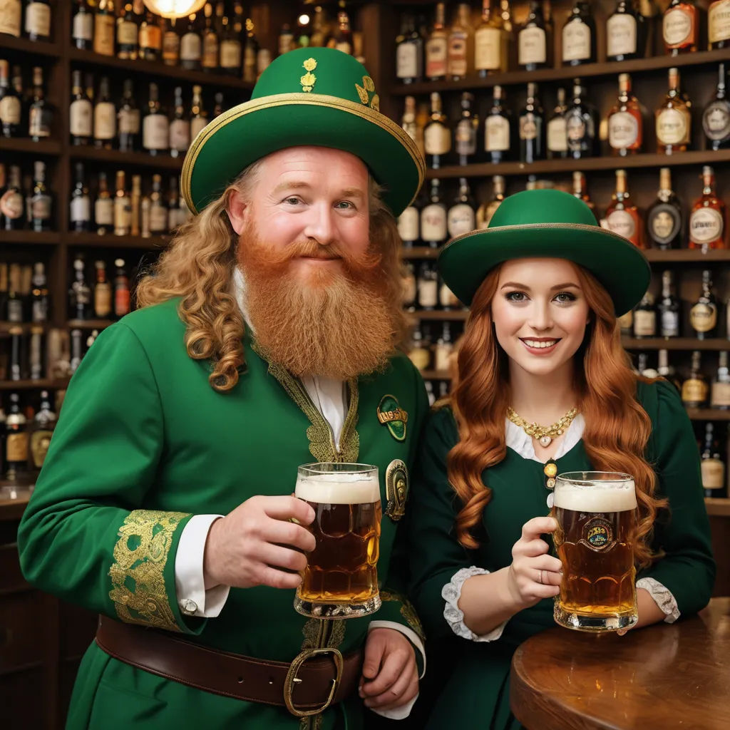 a man and a woman in green outfits holding beer glasses in front of a shelf of bottles of beer, incoherents, a stock photo, Denis Eden, promotional image
