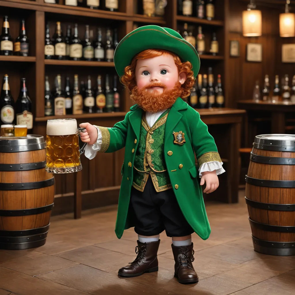 a little boy dressed in a green outfit and hat holding a beer mug in front of a shelf of beer, classical realism, a digital rendering, Denis Eden, green