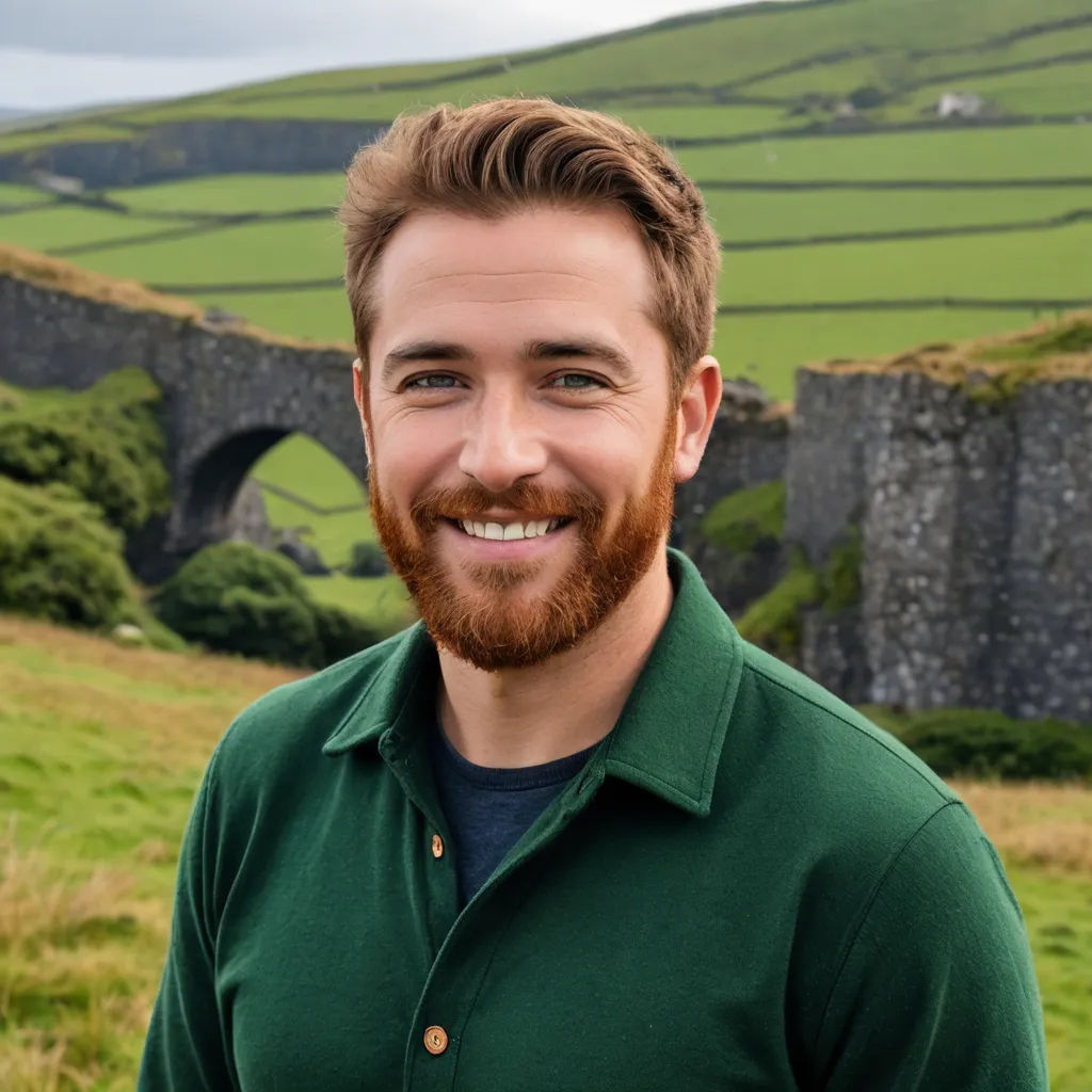 a man with a beard and a green shirt smiling at the camera with a bridge in the background and a green field, regionalism, a character portrait, David Boyd, promotional image