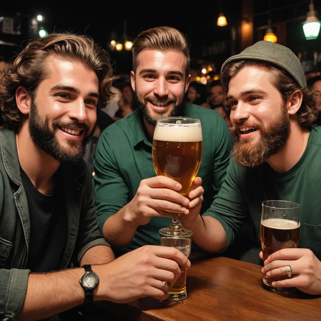 three men are smiling and holding up a beer glass in a bar with a crowd of people in the background, incoherents, a stock photo, Adolf Bierbrauer, masculine