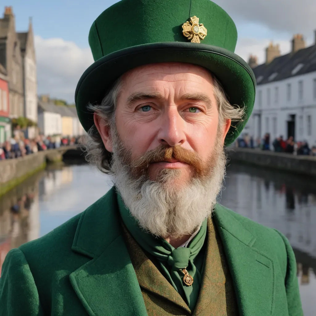 a man in a green suit and hat with a beard and a beard mustache and a green jacket and green hat, folk art, a character portrait, Eamon Everall, green