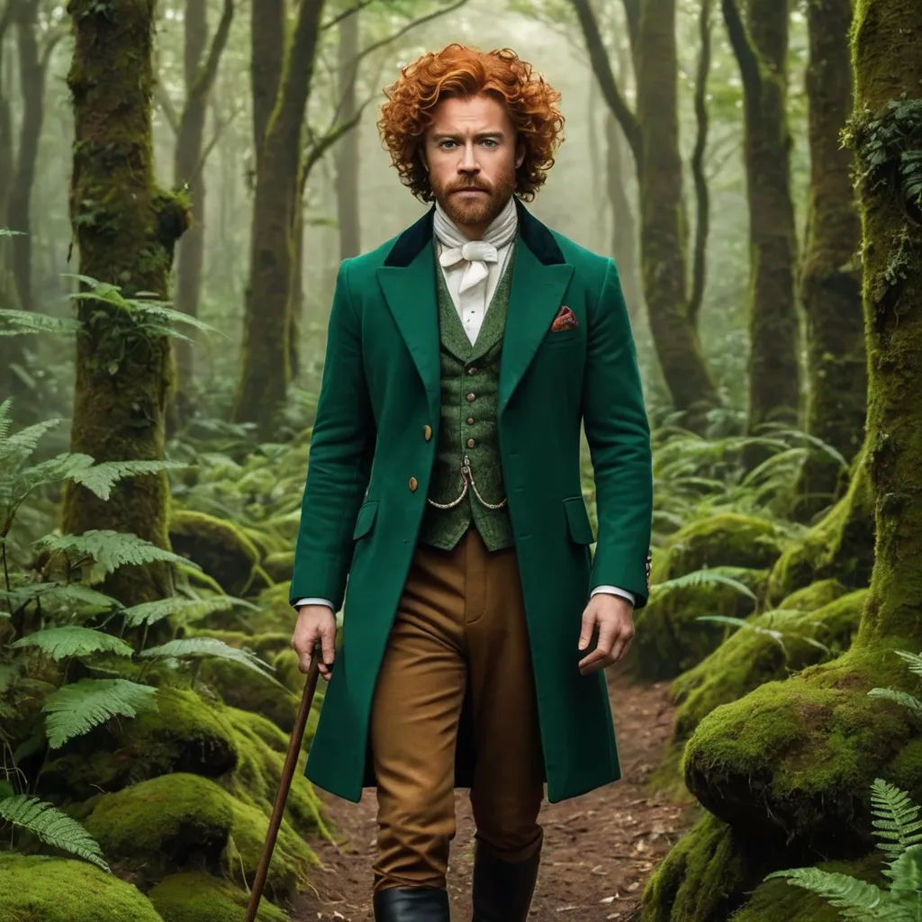a man in a green coat and brown pants walking through a forest with ferns on the ground and a cane, pre-raphaelitism, a character portrait, Aloysius O'Kelly, promotional image