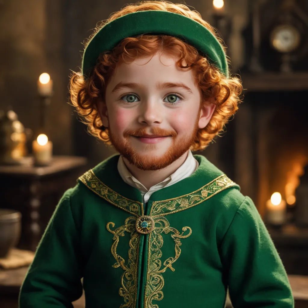a young boy dressed in a green outfit and a red beard smiling at the camera with candles in the background, renaissance, computer graphics, Aloysius O'Kelly, photoreal