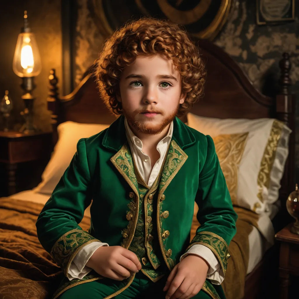 a young boy dressed in a green suit sitting on a bed in a bedroom with a wooden headboard, rococo, a character portrait, Aloysius O'Kelly, promotional image