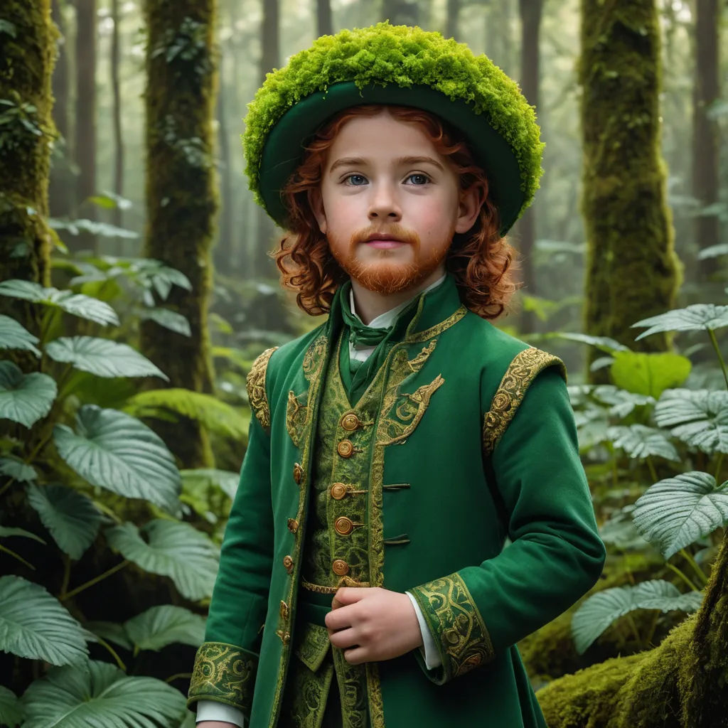 a young boy dressed in a green outfit and a green hat in a forest with ferns on the ground, renaissance, a character portrait, Aloysius O'Kelly, green