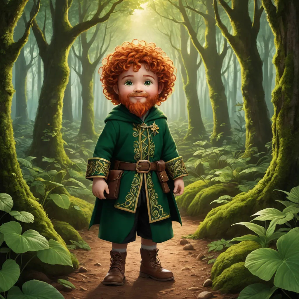 a painting of a redheaded boy in a green coat in a forest with green leaves and a path, fantasy art, a character portrait, Aloysius O'Kelly, green