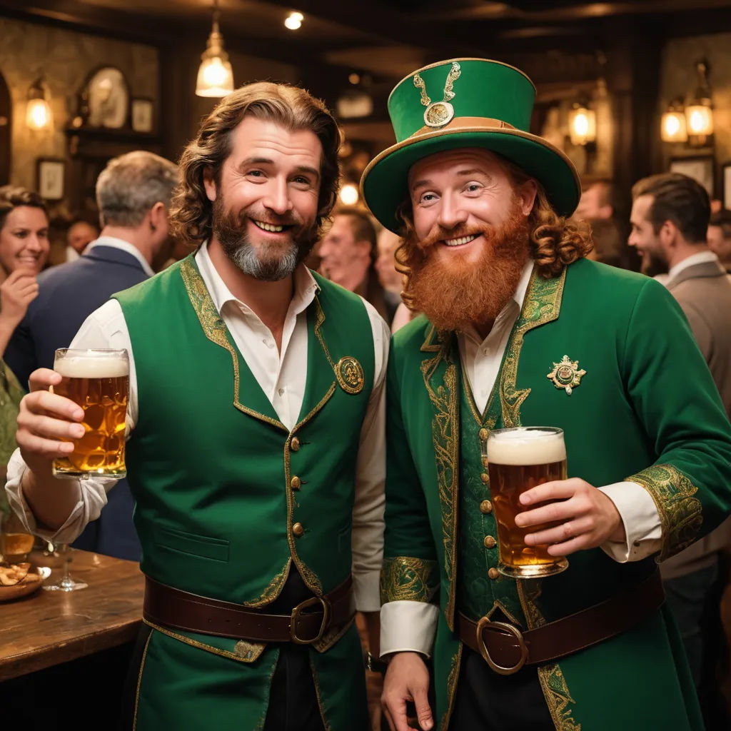 two men in green vests holding beer glasses in a bar with people in the background at a st patrick's day celebration, private press, a colorized photo, Denis Eden, promotional image