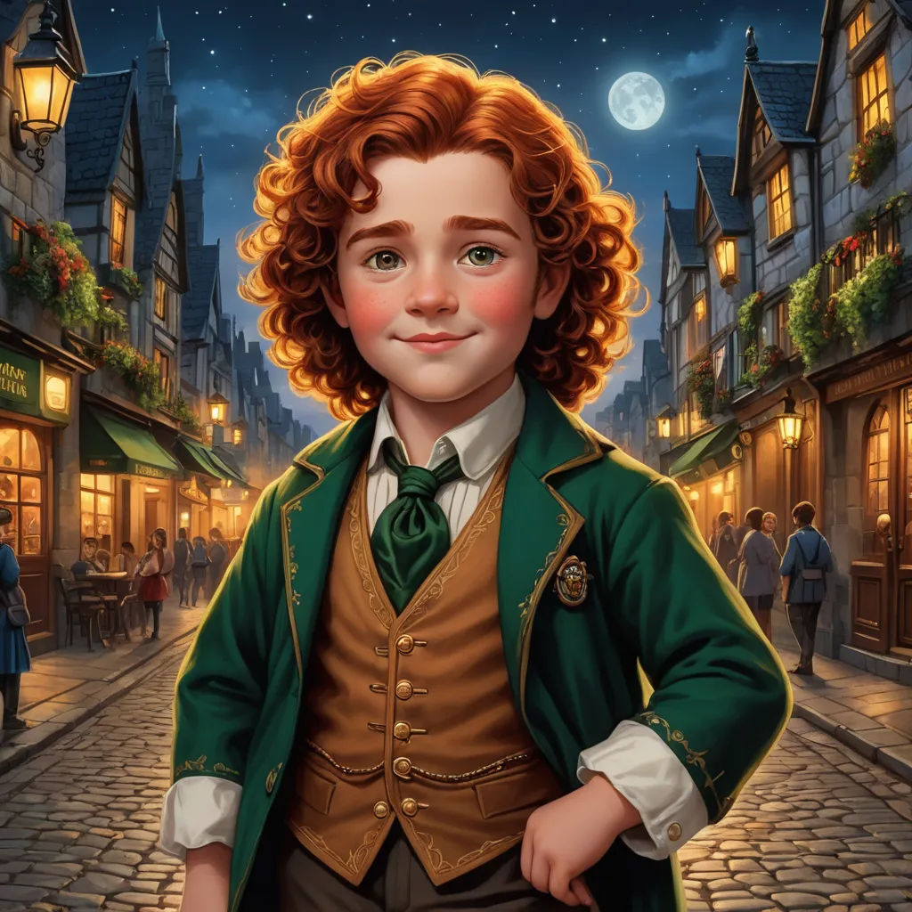 a painting of a boy in a green jacket and tie standing on a cobblestone street at night, pre-raphaelitism, a character portrait, Bob Byerley, kinkade