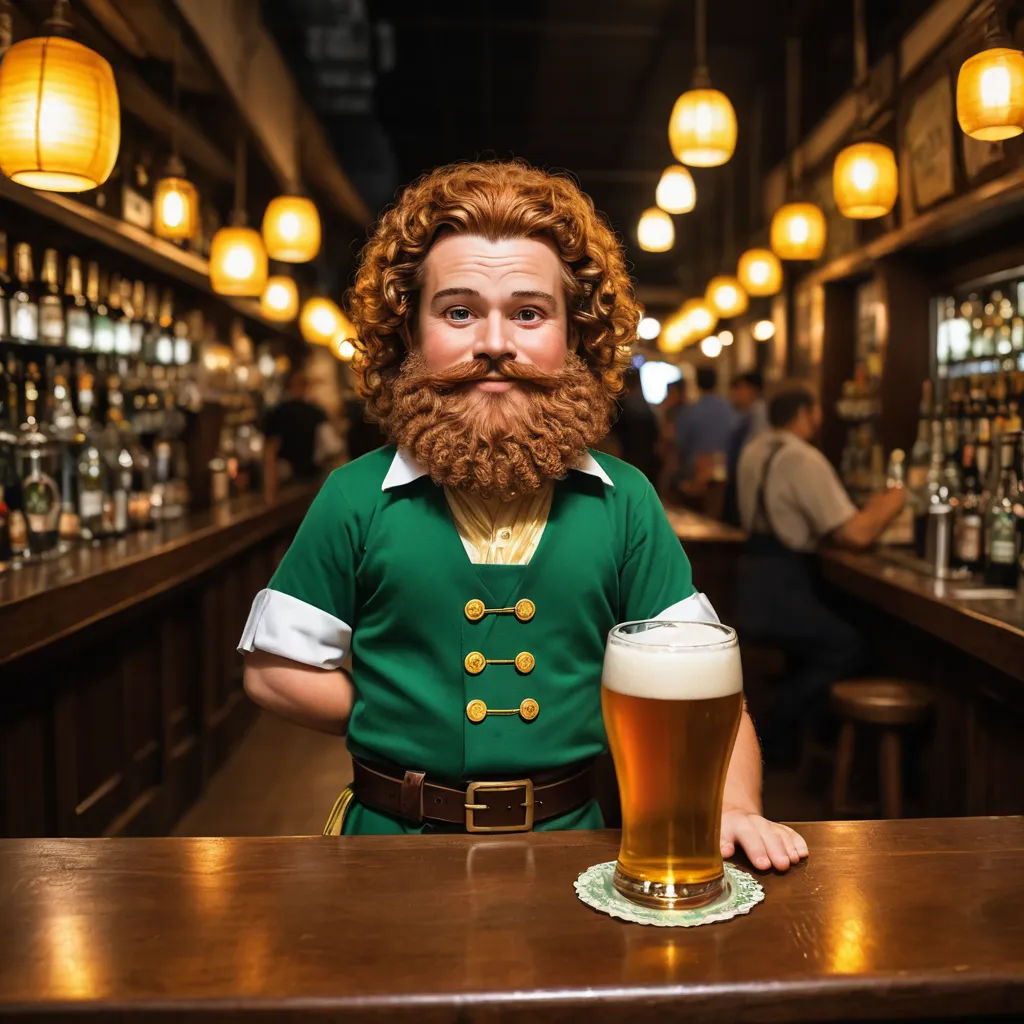 a man with a beard and a beard wearing a green shirt and holding a beer in his hand in a bar, romanesque, a tilt shift photo, Denis Eden, unreal engine 5 quality render