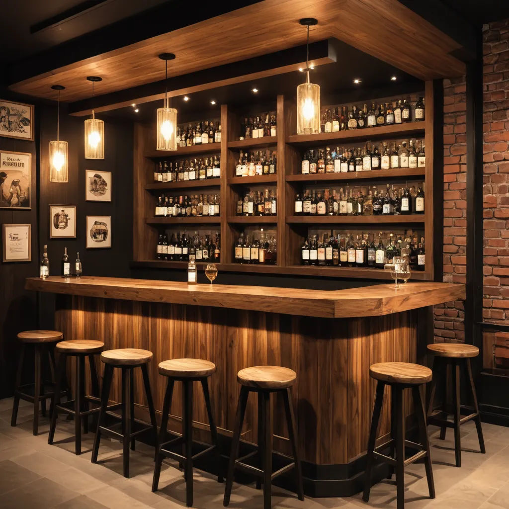 a bar with stools and a brick wall behind it with bottles on the shelves and lights on the ceiling, arts and crafts movement, a digital rendering, Enguerrand Quarton, rembrandt lighting