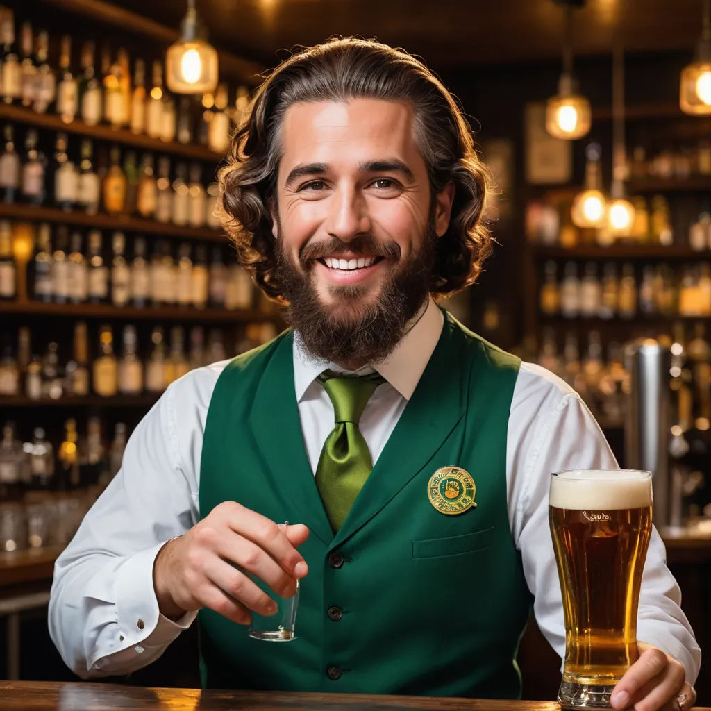 a man in a green vest holding a beer in a bar with a lot of bottles behind him and a glass in front of him, art nouveau, a character portrait, Brian 'Chippy' Dugan, professional photo