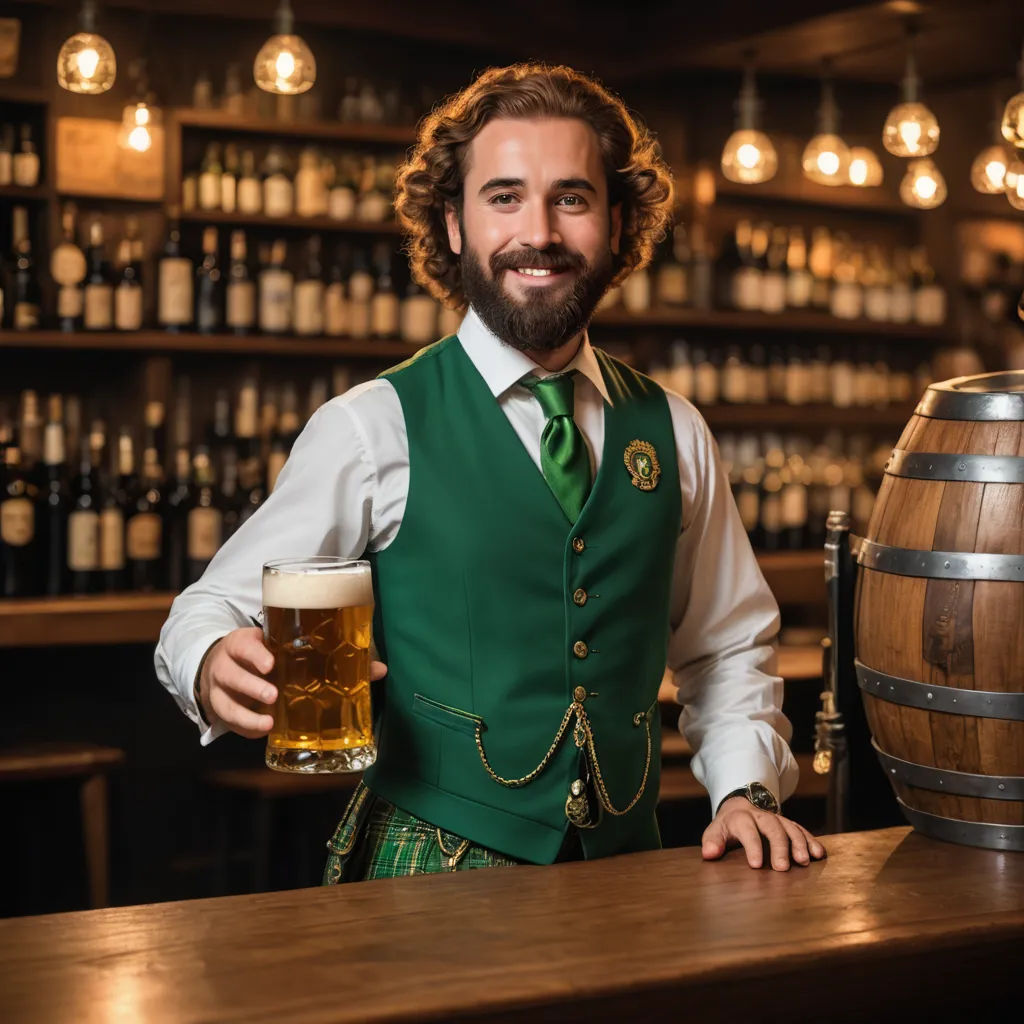 a man in a green vest holding a beer in front of a bar with a wooden barrel and shelves of bottles, viennese actionism, a character portrait, Adolf Bierbrauer, professional photo
